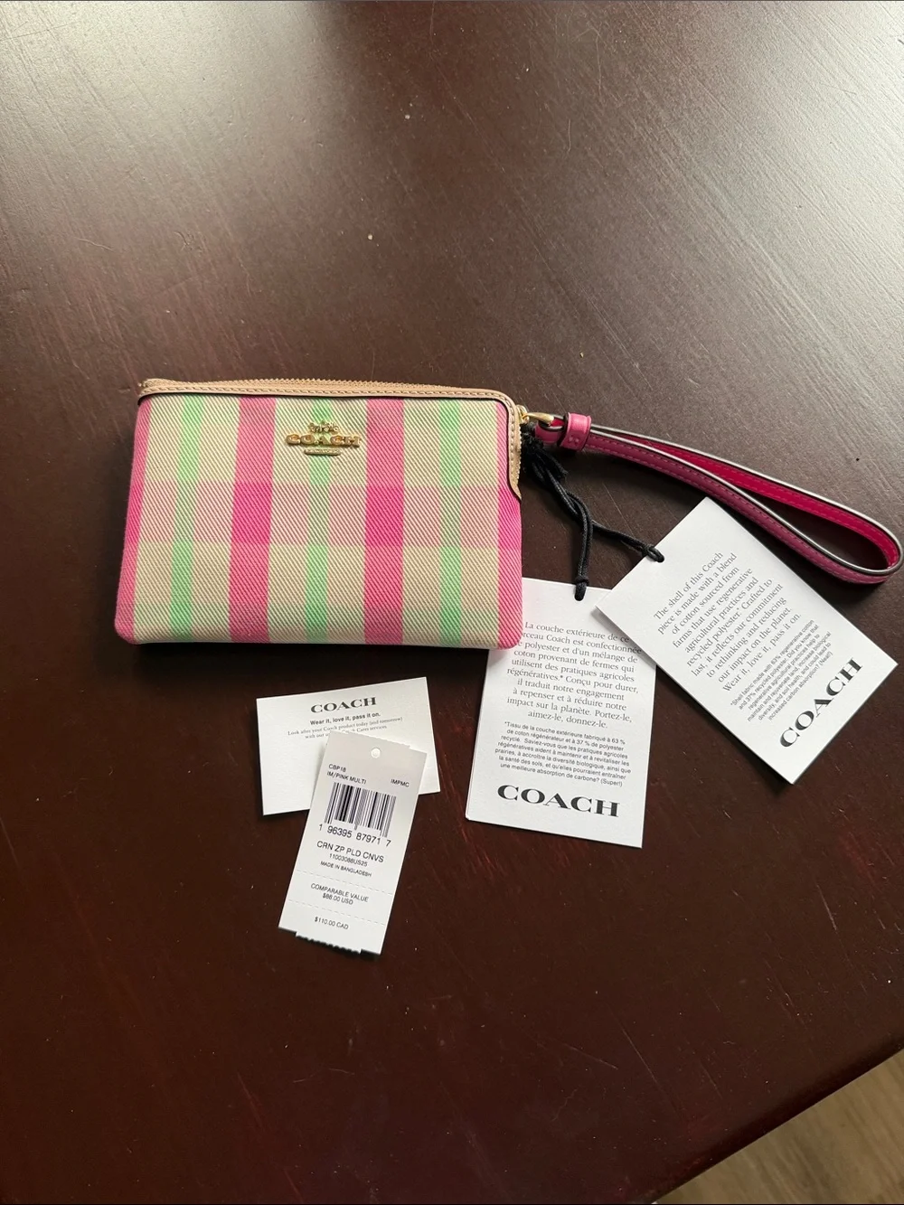 Coach Pink Plaid Zip Wristlet with Gold Logo